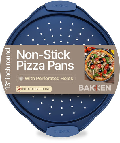 Bakken Pizza Baking Pan - Round Perforated Carbon Steel Pan with Non-Stick Marble Coating, Oversized Silicone Handle, Dishwasher Safe, High-Temperature Resistant, Durable & Easy Cleanup Gray, 1 Pack