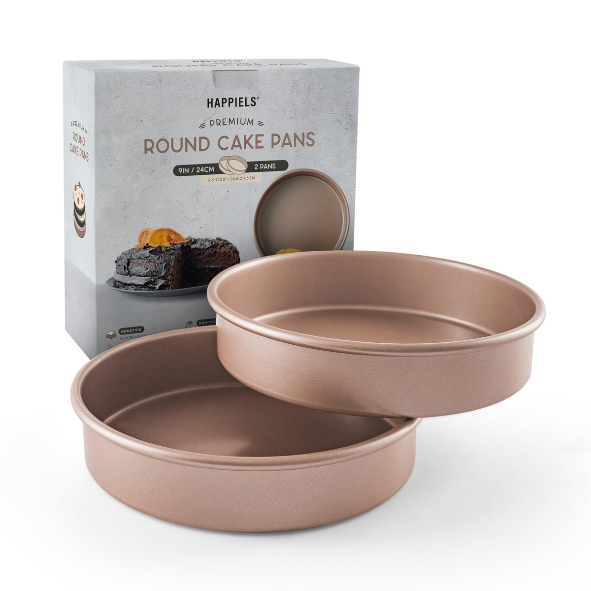 HAPPIELS 9 inch Raund Cake Pan 2 Pack Nonstick, PFOA & BPA Free