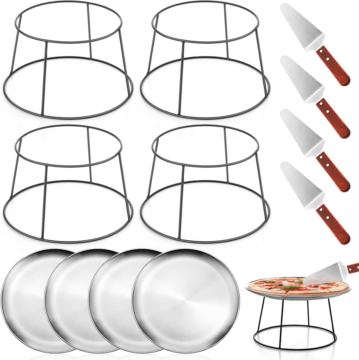 12 Pcs Pizza Pan Riser Stands Tray Set,Silver,Round