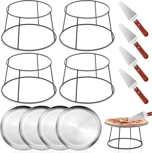 12 Pcs Pizza Pan Riser Stands Tray Set,Silver,Round