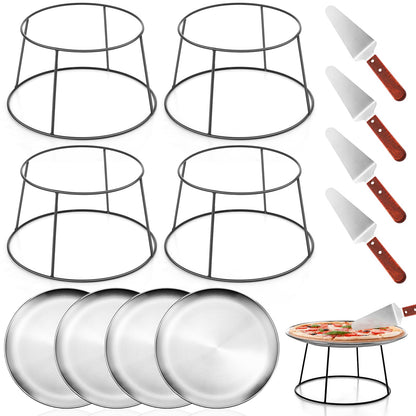 12 Pcs Pizza Pan Riser Stands Tray Set,Silver,Round
