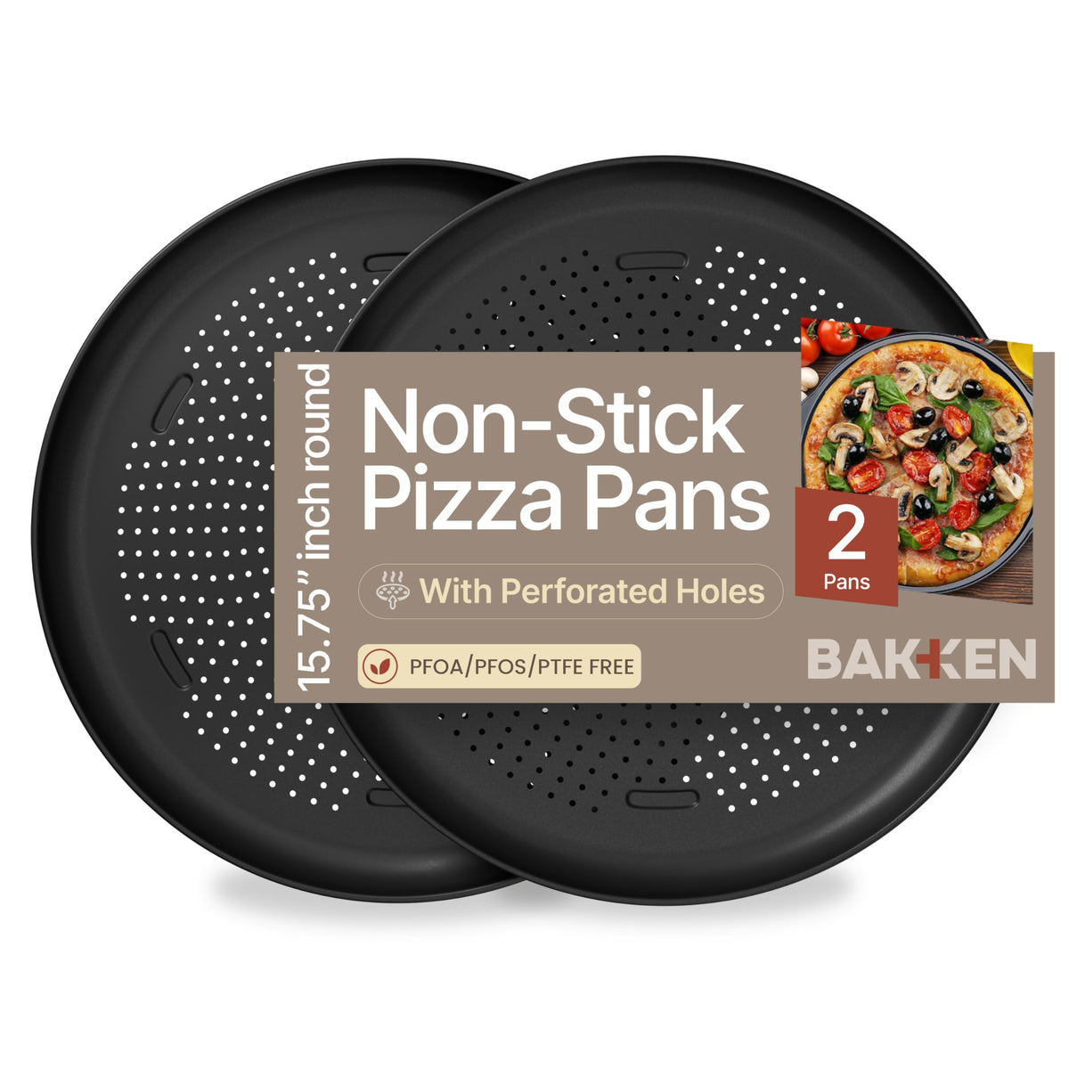 Bakken 16 Inch Non-Stick Pizza Pan 2 Pack, Round Carbon Steel Pizza Tray with Perforated Holes, PFOA, PFOS, & PTFE-Free, Dishwasher & Oven Safe Up To 450°F, Durable Nonstick Coating, Silver