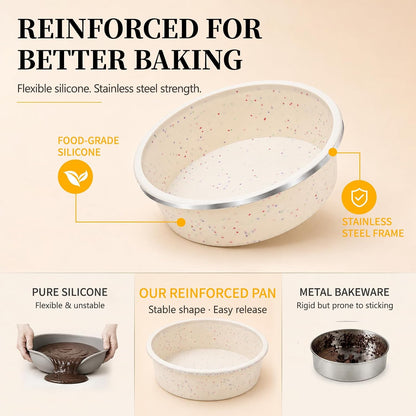 Vinino 6 Inch Round Cake Pan Set, 3 Pack Silicone Mold with Metal Frame