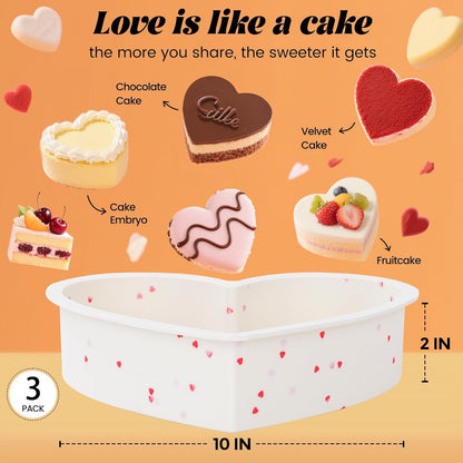 CAKETIME 3P 10 Inch Silicone Heart Shaped Cake Pans, Nonstick Cake Pan, BPA Free Silicone Heart Cake Baking Mold for Oven Dishwasher Safe-Heartdot