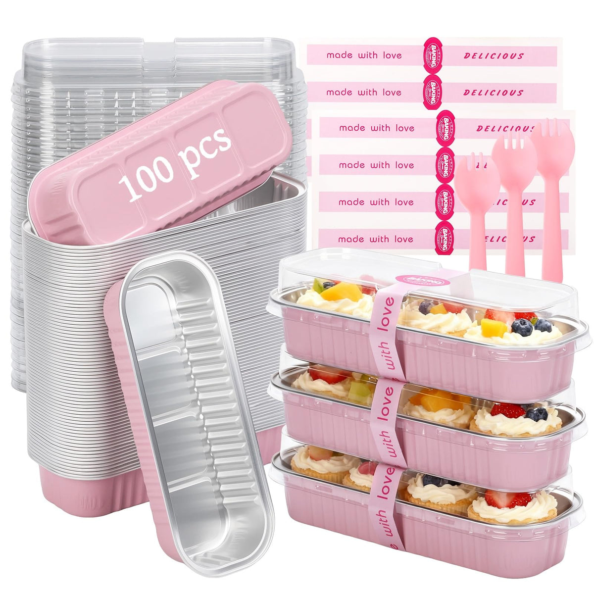 120 Pcs Mixed Color Mini Loaf Pans with Lids and Spoons, 6.8oz Aluminum Foil Baking Pans Versatile for Mini Cake Tins/Loaf Cakes Sturdy Mini Pans with Lids for Baking (120, mixed)