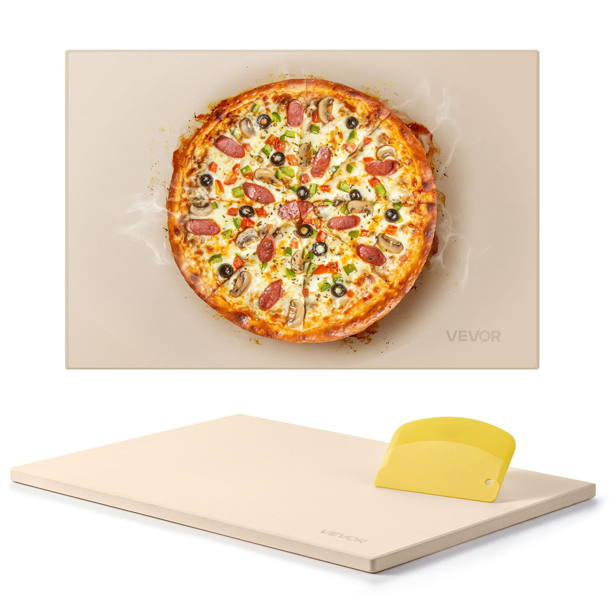 VEVOR Pizza Steel, 16" x 14.5" x 3/8" Pizza Steel Plate for Oven, Pre-Seasoned Carbon Steel Pizza Baking Stone with 20X Higher Conductivity, Heavy Duty Pizza Pan for Outdoor Grill, Indoor Oven