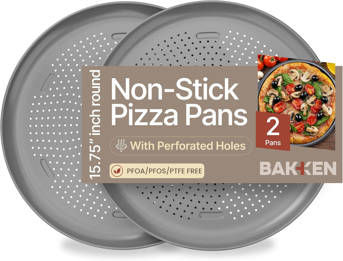 Bakken 16 Inch Non-Stick Pizza Pan 2 Pack, Round Carbon Steel Pizza Tray with Perforated Holes, PFOA, PFOS, & PTFE-Free, Dishwasher & Oven Safe Up To 450°F, Durable Nonstick Coating, Silver