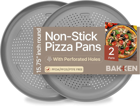 Bakken 16 Inch Non-Stick Pizza Pan 2 Pack, Round Carbon Steel Pizza Tray with Perforated Holes, PFOA, PFOS, & PTFE-Free, Dishwasher & Oven Safe Up To 450°F, Durable Nonstick Coating, Silver