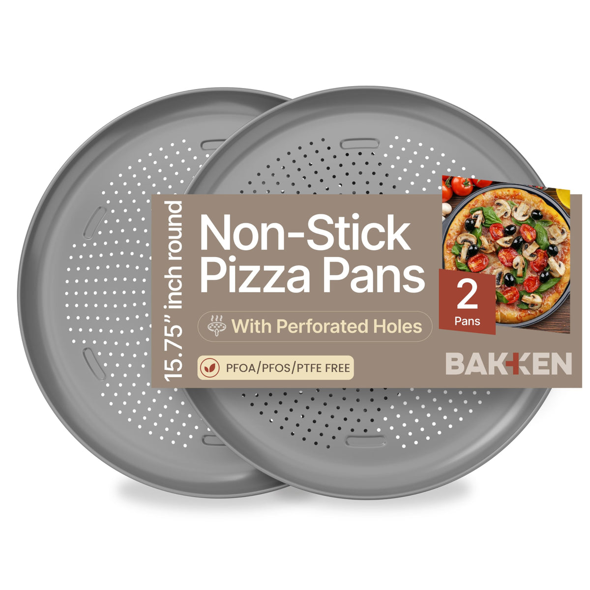 Bakken 16 Inch Non-Stick Pizza Pan 2 Pack, Round Carbon Steel Pizza Tray with Perforated Holes, PFOA, PFOS, & PTFE-Free, Dishwasher & Oven Safe Up To 450°F, Durable Nonstick Coating, Silver