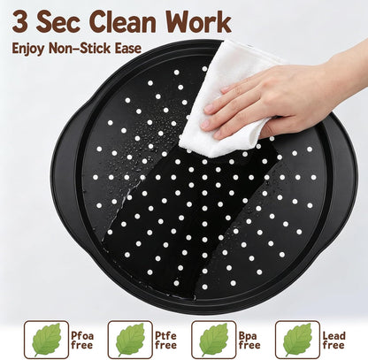 Kifmurase 2 Pack Pizza Pan for Oven, 13 Inch Round Pizza Pans with Holes, Non-Stick Carbon Steel Pizza Baking Pan with Silicone Handle, Perforated Pizza Pan with Pizza Cutter, Oven & Dishwasher Safe