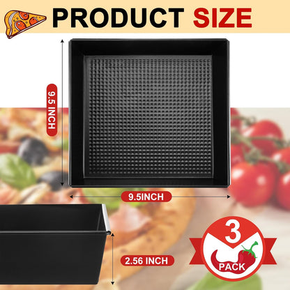 3 Pcs Detroit Style Pizza Pan, 9.5 x 9.5 x 2.56 Inch, Black