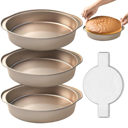 8 Inch Cake Pans, 3PCS Nonstick Round Baking Pans with 50PCS Parchment Papers, Durable Birthday Circle Cake Baking Pan with Handle for Multi-Layer Cakes, Dishwasher Safe (Gold, 8 inch)