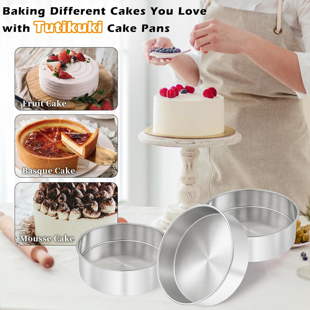 8 Inch Cake Pan - 3PCS Stainless Steel Round Layer Cake Baking Pans with 100 PCS Parchment Paper, Round Bakeware for Party Birthday Wedding, Mirror Finish & Dishwasher Safe
