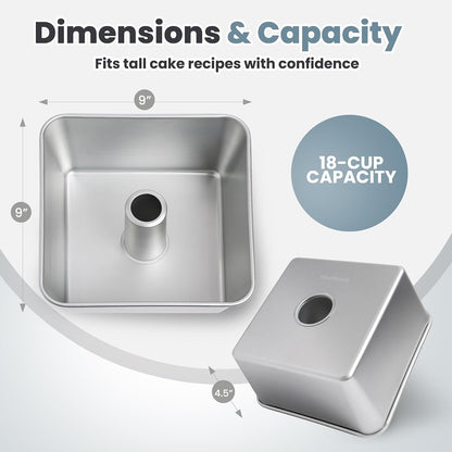 One-Piece Square Tube Cake Pan, 18 Cup, Anodized Aluminum, 9 x 9 x 4.5 in, Seamless Design, Easy Release, Even Heat, for Angel Food, Chiffon, Sponge, Mile High & Pound Cakes