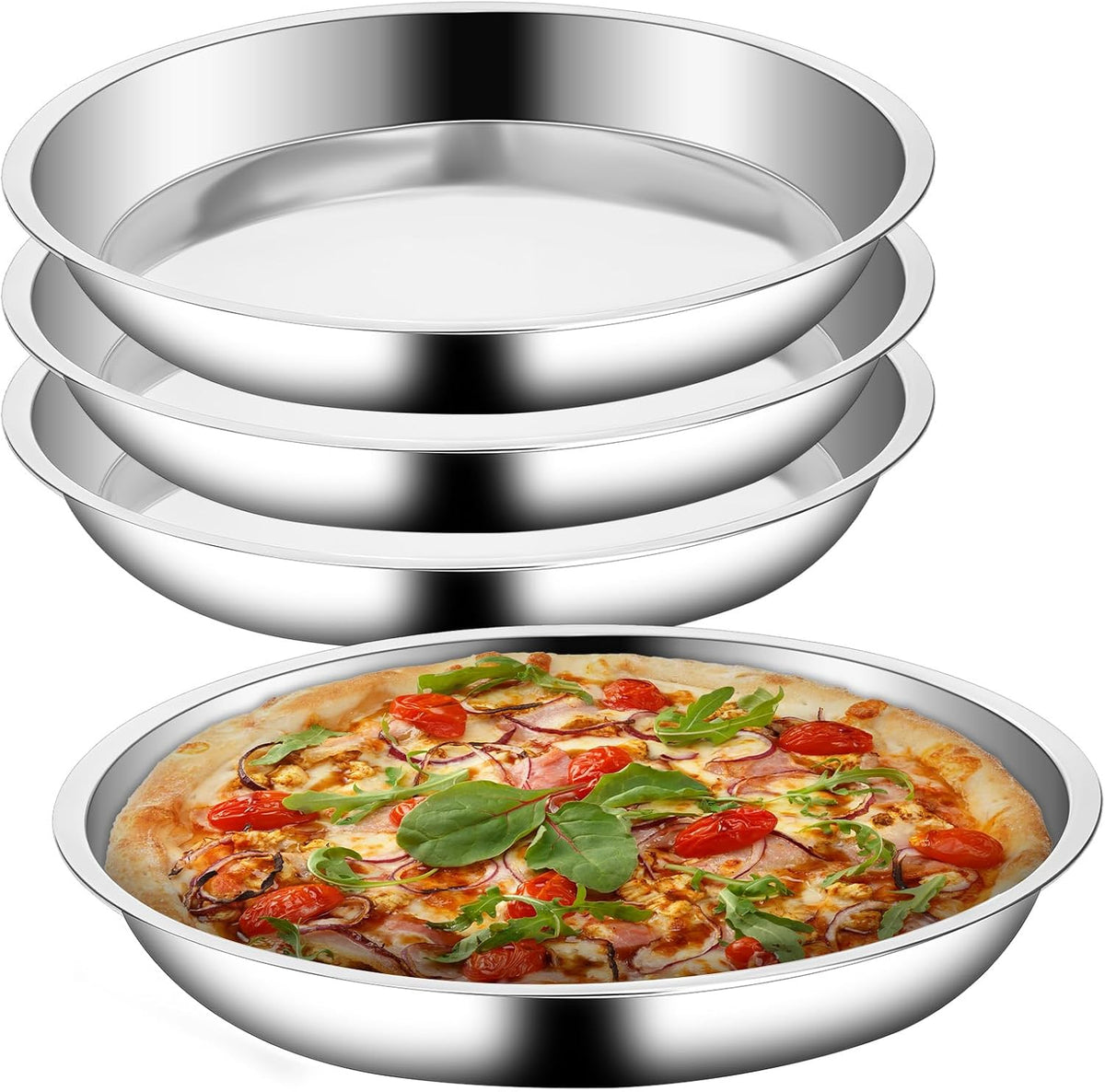 Vin Beauty 4 Pack 13 Inch Deep Dish Pizza Pan Stainless Steel Round Pizza Tray for Oven, Deep Dish Metal Stainless Steel Pie Pan Baking for Oven Cookie Cake, Dishwasher Safe
