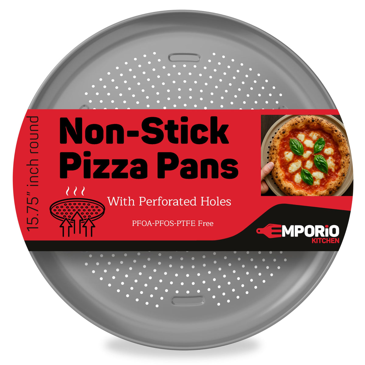 Emporio Kitchen Non-Stick Pizza Pan 1 Pack – 16 Inch Round Carbon Steel Pizza Tray with Perforated Holes, PFOAPFOSPTFE-Free, Dishwasher & Oven Safe Up To 450°F, Durable Nonstick Silver Coating