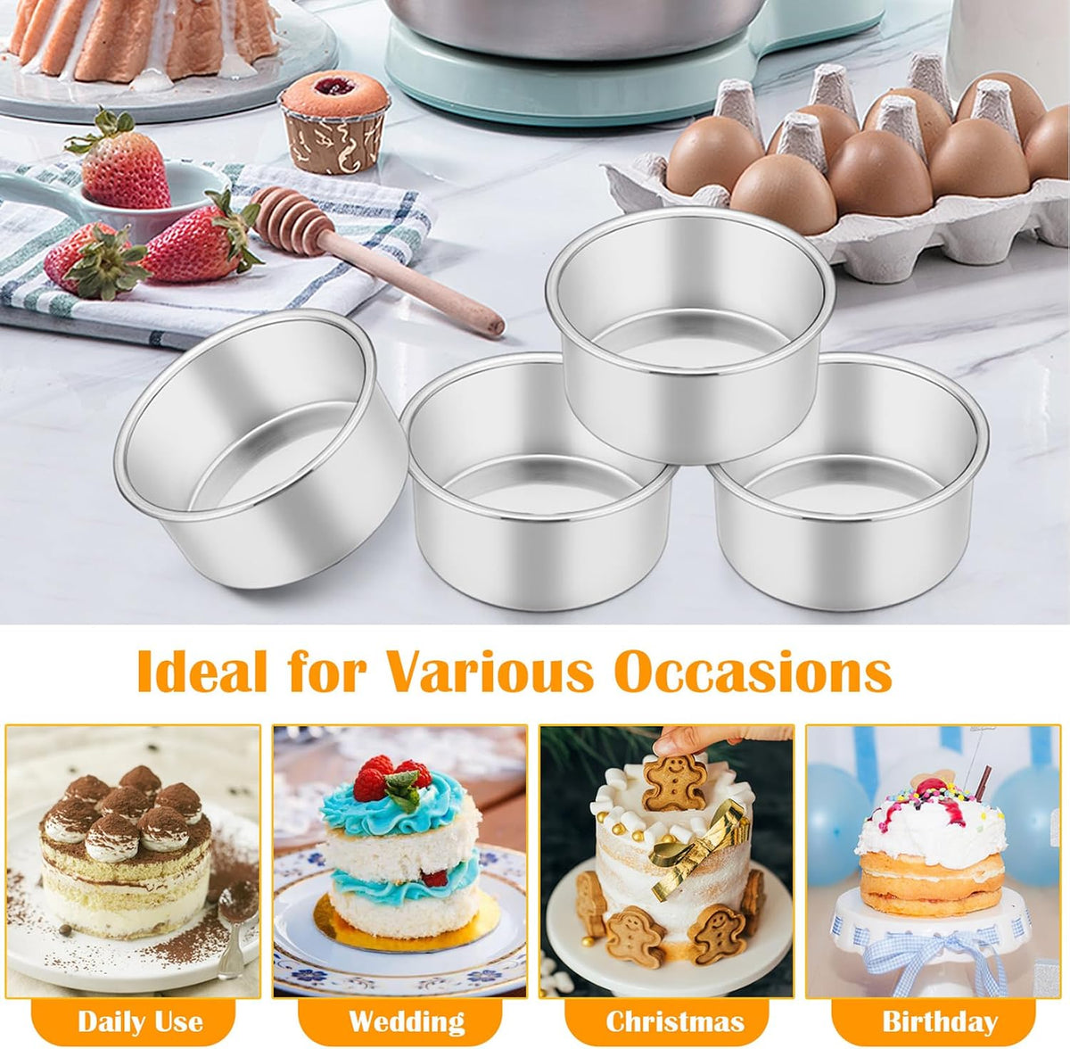 P&P CHEF 4 Inch Cake Pan Set of 4, Stainless Steel Round Cake Pans Tins