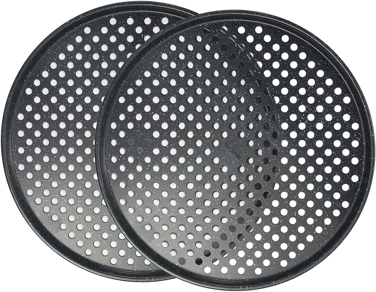 Monfish 14 inch Pizza Pan with holes 2 pack perforated huge Pizza Tray Carbon Steel Crisper Pan Non stick Pizza pan for oven