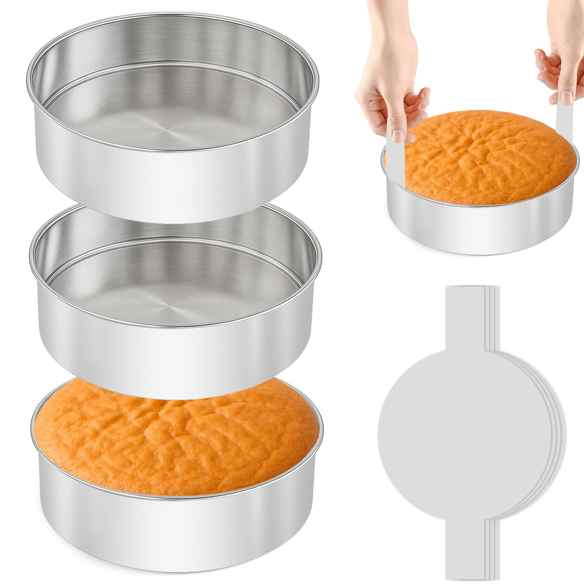 8 Inch Cake Pan - 3PCS Stainless Steel Round Layer Cake Baking Pans with 100 PCS Parchment Paper, Round Bakeware for Party Birthday Wedding, Mirror Finish & Dishwasher Safe