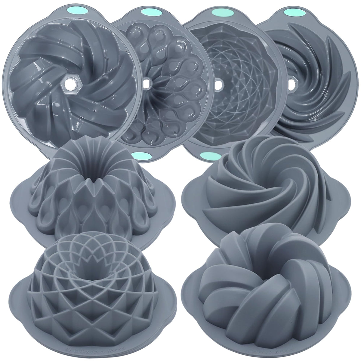 Tongjude 4 Pieces Silicone Fluted Cake Pans, 9/10/12 Cups Tube Baking Pan, Silicone Molds for Homemade Cake, Bread and Jello, Non-Stick, Grey