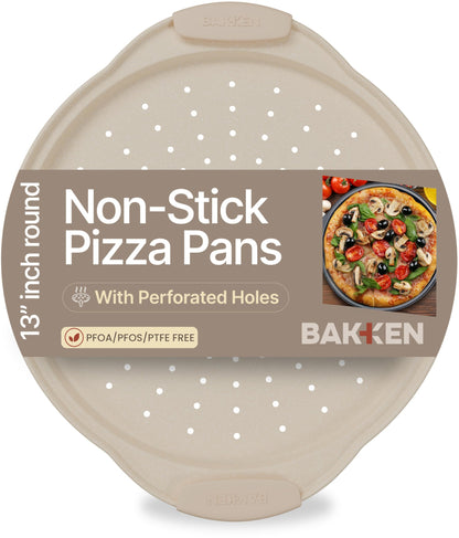 Bakken Pizza Baking Pan - Round Perforated Carbon Steel Pan with Non-Stick Marble Coating, Oversized Silicone Handle, Dishwasher Safe, High-Temperature Resistant, Durable & Easy Cleanup Gray, 1 Pack