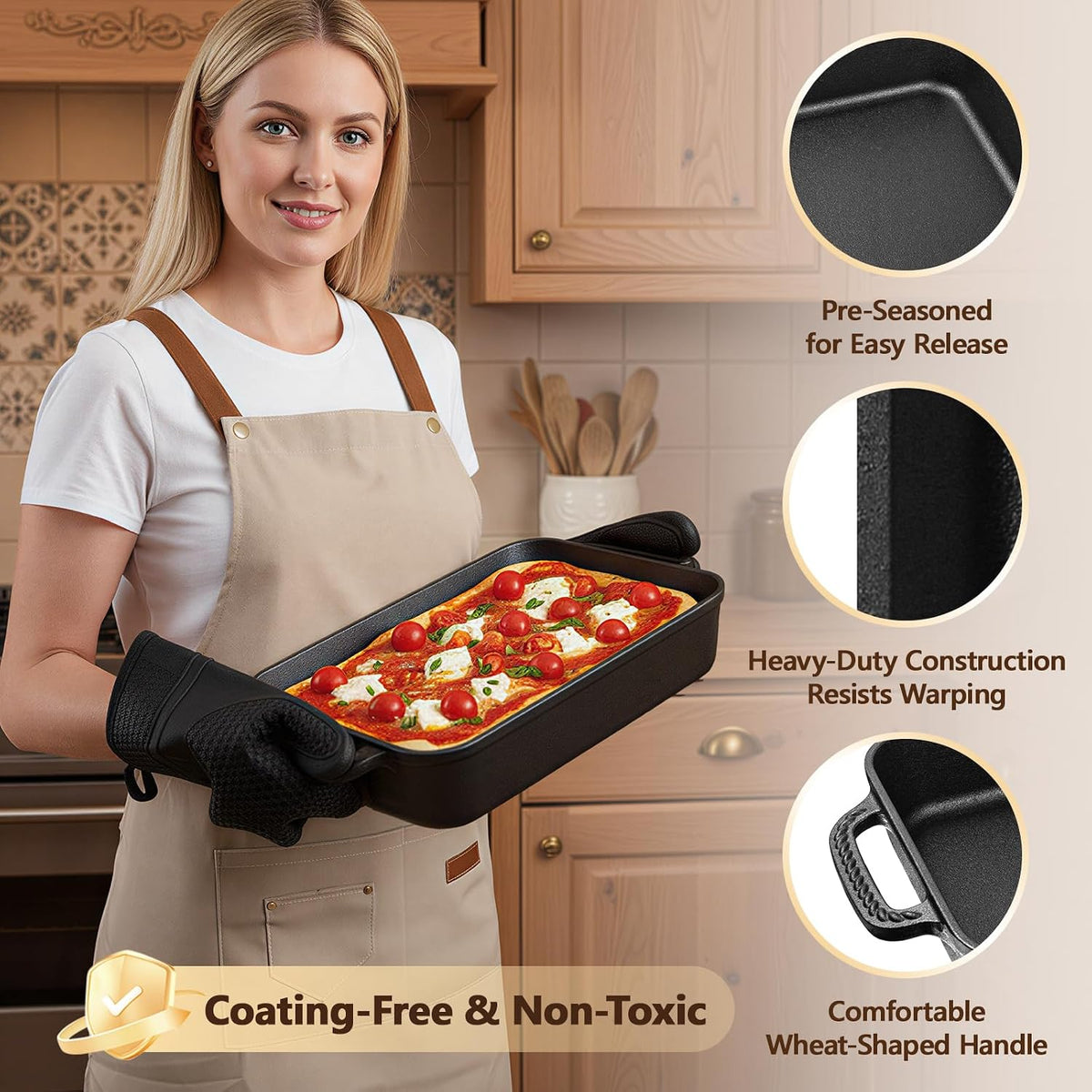 Cast Iron Detroit Style Pizza Pan, 9x13 Inch Deep Dish Pizza Pan