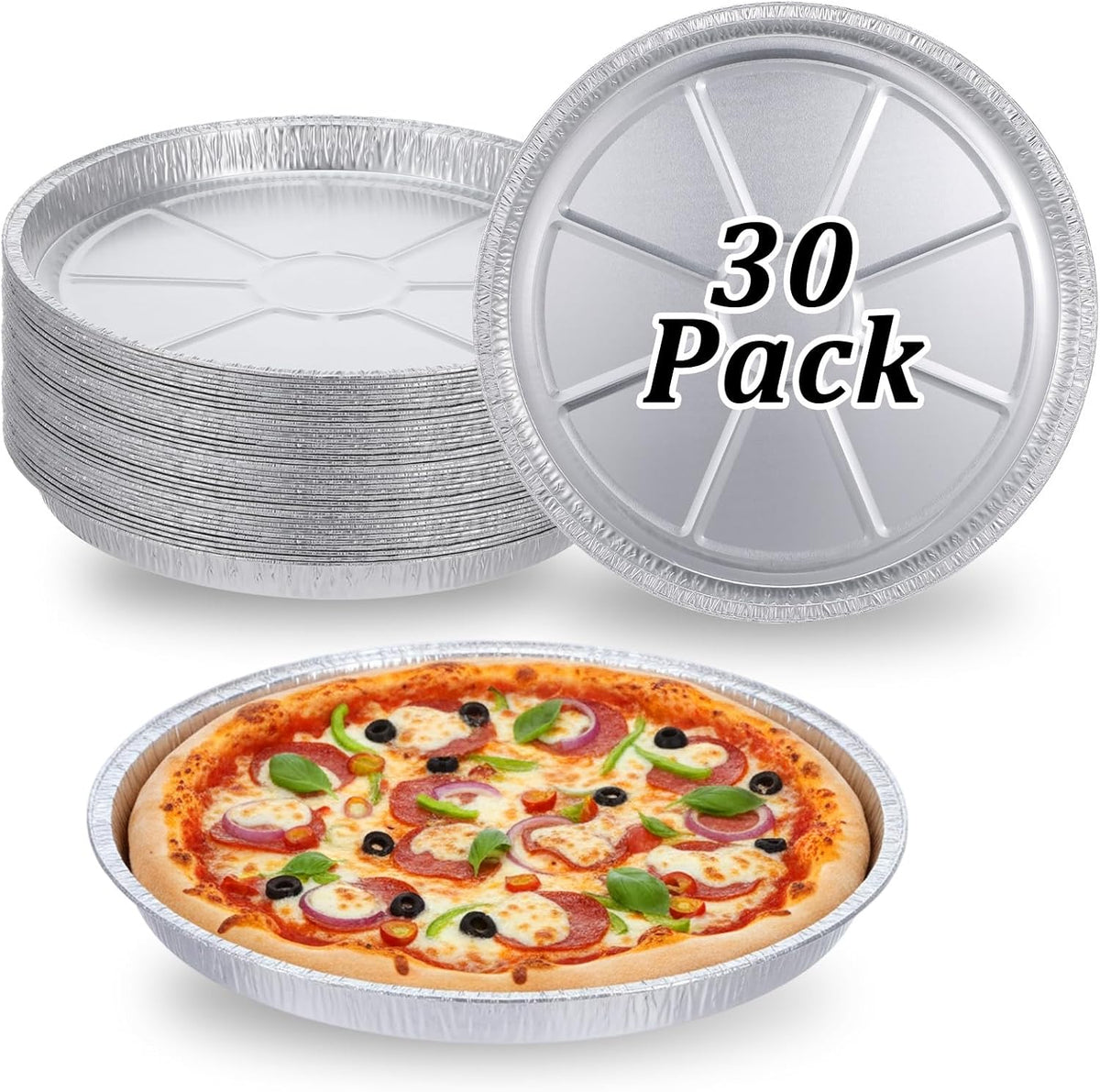 Kifmurase 30PCS Round Disposable Foil Pizza Pans, 11 Inch Large Size Focaccia Pan, Round Foil Serving Trays for Pizzas Cake Bread Chip Cookie, Disposable Aluminum Tin Plate for Freezer & OvenFoil
