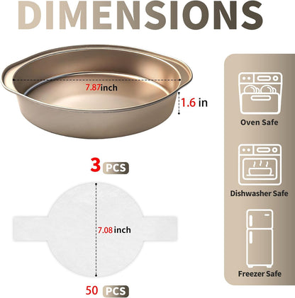8 Inch Cake Pans, 3PCS Nonstick Round Baking Pans with 50PCS Parchment Papers, Durable Birthday Circle Cake Baking Pan with Handle for Multi-Layer Cakes, Dishwasher Safe (Gold, 8 inch)