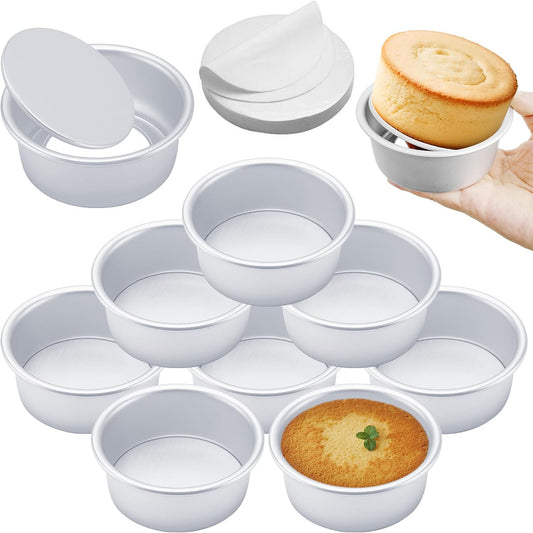 4 Inch Cake Pan Set of 8, Aluminum Mini Cake Pans & 100PCS Parchment Paper