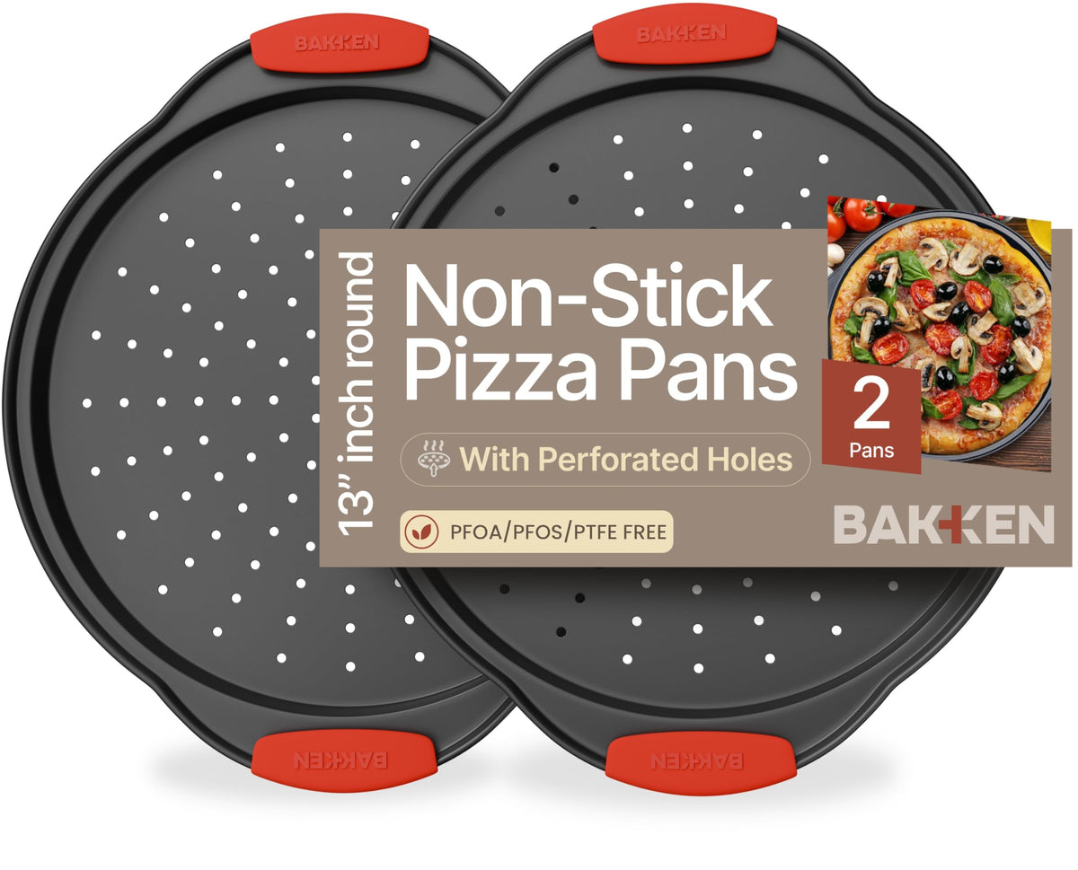 Bakken Pizza Baking Pan - Round Perforated Carbon Steel Pan with Non-Stick Marble Coating, Oversized Silicone Handle, Dishwasher Safe, High-Temperature Resistant, Durable & Easy Cleanup Gray, 1 Pack
