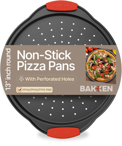 Bakken Pizza Baking Pan - Round Perforated Carbon Steel Pan with Non-Stick Marble Coating, Oversized Silicone Handle, Dishwasher Safe, High-Temperature Resistant, Durable & Easy Cleanup Gray, 1 Pack