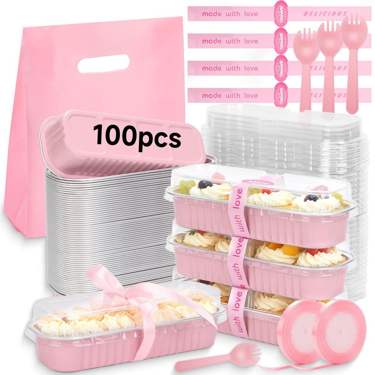 120 Pcs Mixed Color Mini Loaf Pans with Lids and Spoons, 6.8oz Aluminum Foil Baking Pans Versatile for Mini Cake Tins/Loaf Cakes Sturdy Mini Pans with Lids for Baking (120, mixed)