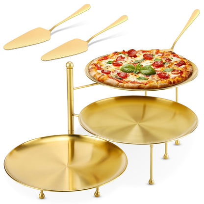 Teenyyou 7 Pcs Silver Pizza Pan Stand Set, Pizza Pans, Knives, Riser Stand