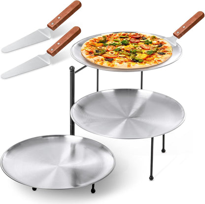 Teenyyou 7 Pcs Silver Pizza Pan Stand Set, Pizza Pans, Knives, Riser Stand