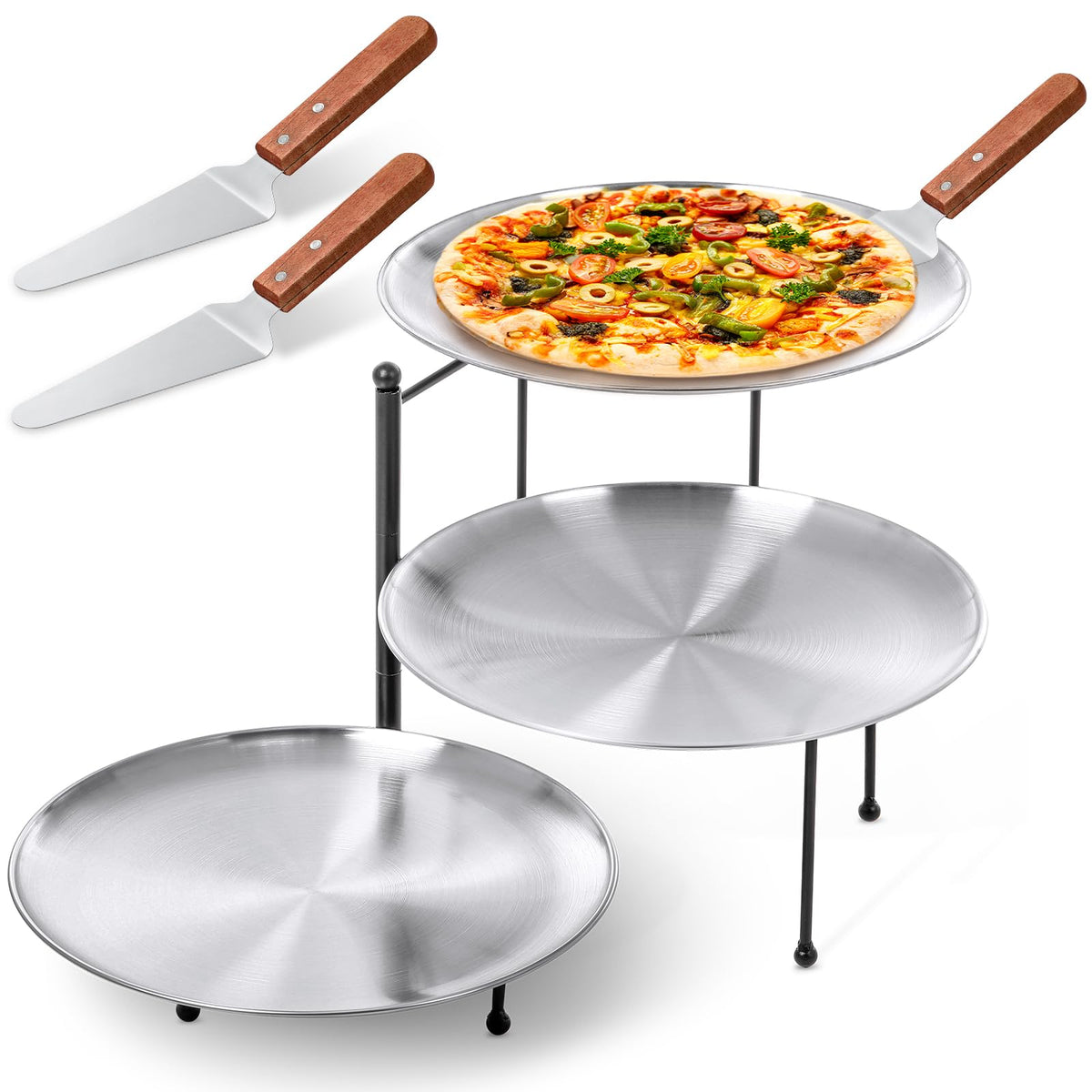 Teenyyou 7 Pcs Silver Pizza Pan Stand Set, Pizza Pans, Knives, Riser Stand