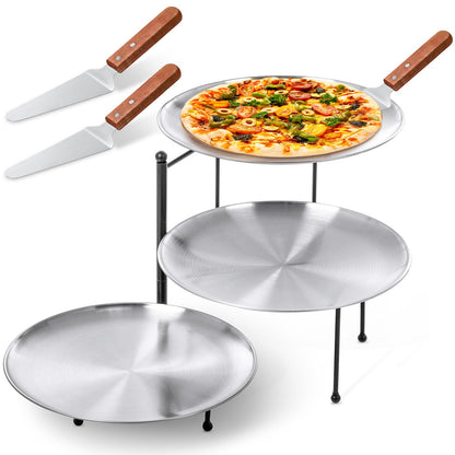 Teenyyou 7 Pcs Silver Pizza Pan Stand Set, Pizza Pans, Knives, Riser Stand
