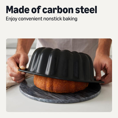 Amazon Basics Nonstick Bundt Cake Pan, Fluted Tube Design, Carbon Steel, Side Handles, Dishwasher and Oven-Safe, 10 Inch, Black