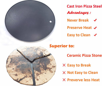 XL Round Pizza Steel 16.9" - 3D Cast Creates Gorgeous Crusts, Enamelled Cast Iron Baking Stone For Oven, Round Griddle, Speed & Even Heating Baking Steel Griddle