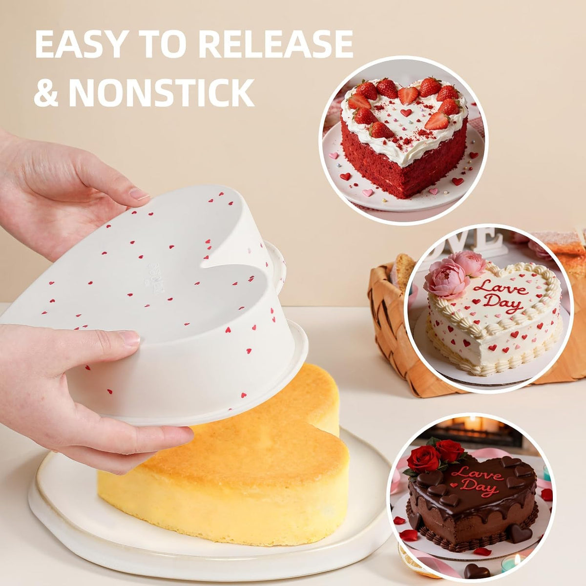 CAKETIME 3P 10 Inch Silicone Heart Shaped Cake Pans, Nonstick Cake Pan, BPA Free Silicone Heart Cake Baking Mold for Oven Dishwasher Safe-Heartdot