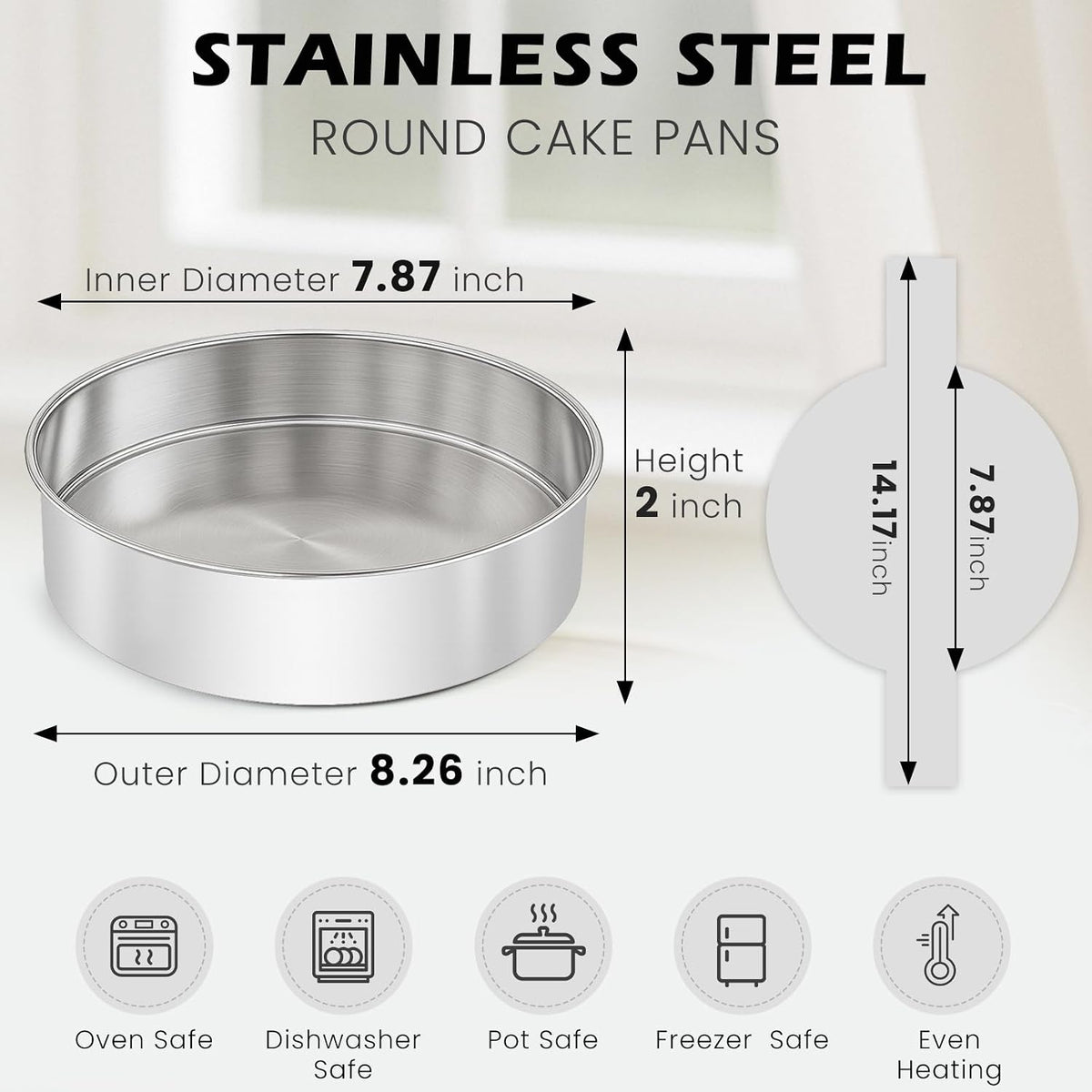 8 Inch Cake Pan - 3PCS Stainless Steel Round Layer Cake Baking Pans with 100 PCS Parchment Paper, Round Bakeware for Party Birthday Wedding, Mirror Finish & Dishwasher Safe