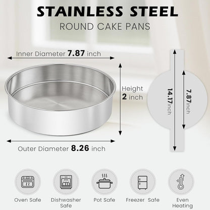8 Inch Cake Pan - 3PCS Stainless Steel Round Layer Cake Baking Pans with 100 PCS Parchment Paper, Round Bakeware for Party Birthday Wedding, Mirror Finish & Dishwasher Safe