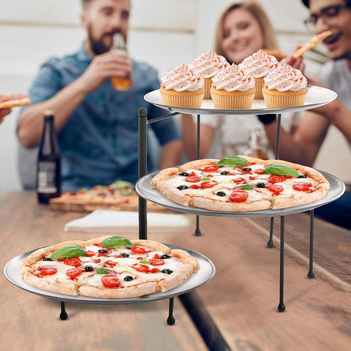 Teenyyou 7 Pcs Silver Pizza Pan Stand Set, Pizza Pans, Knives, Riser Stand