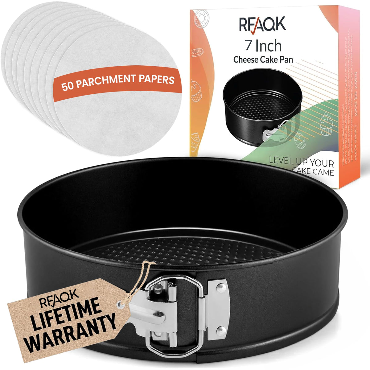 RFAQK 9 Inch Springform Pan Nonstick Leakproof - Spring Form Pan for Cheesecake with Removable Bottom, Include Spatula & 50pcs Parchment Paper, Recipe E-Book - Ideal for Baking Cakes, Pizzas, & More!