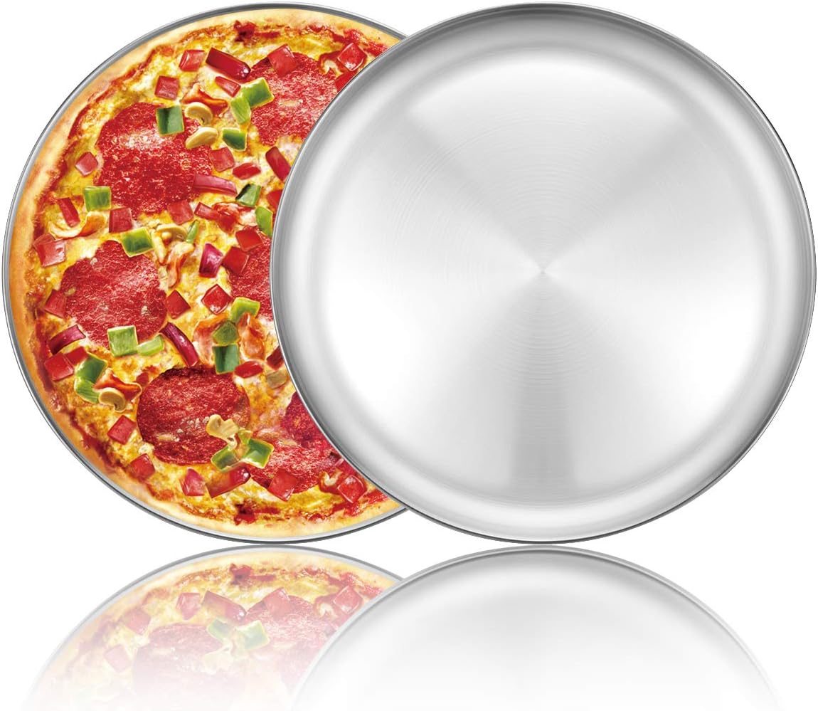 Deedro 12 Inch Pizza Pan, Round Stainless Steel Pizza Tray for Oven, 2 Pack