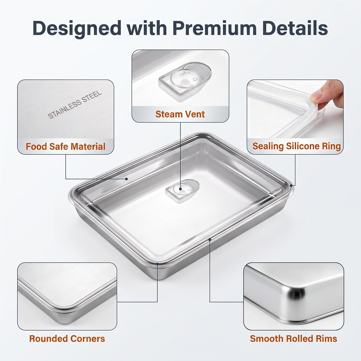 Stainless Steel Baking Pan with Lid, 12.4 x 9.6 x 2 Inches, 2-Pack