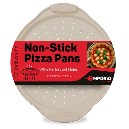 Non-Stick Pizza Pan with Silicone Handle 1 Pack, 13 Inch Round Carbon Steel Tray with Perforated Holes, Dishwasher & Oven Safe Up To 450°F, PFOAPFOSPTFE Free, Durable Nonstick Gray Marble Coating