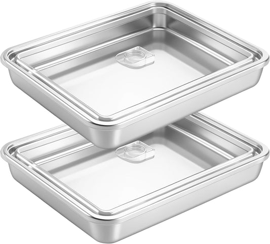 Stainless Steel Baking Pan with Lid, 12.4 x 9.6 x 2 Inches, 2-Pack