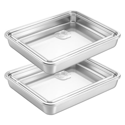 Stainless Steel Baking Pan with Lid, 12.4 x 9.6 x 2 Inches, 2-Pack