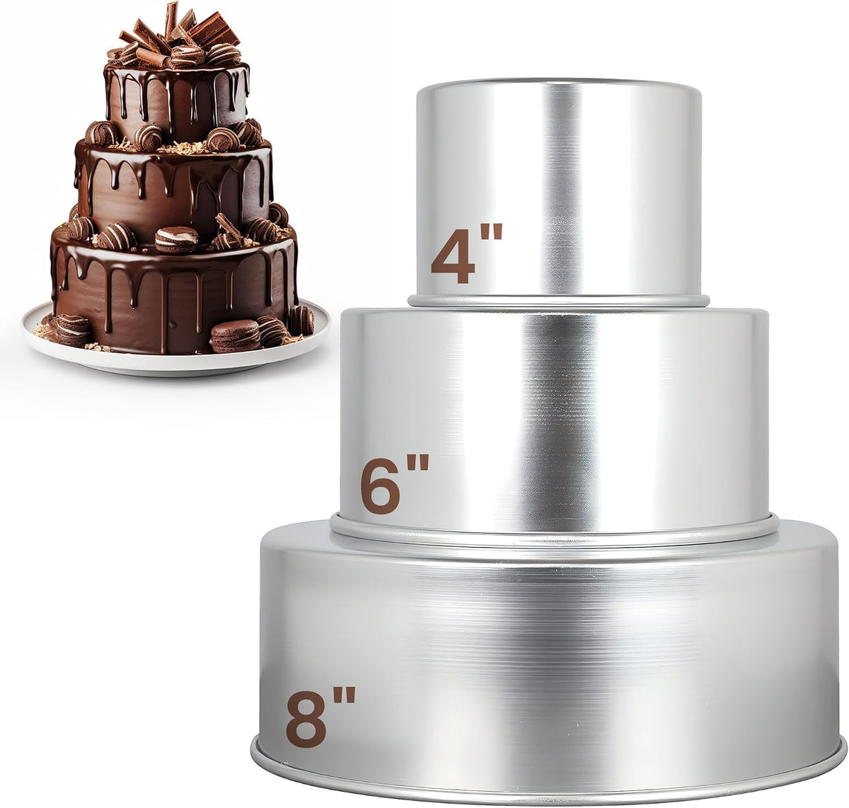 Aunt Shannon's Kitchen Tall Round Cake Pans - 4-inch, 6-inch, 8-inch Cake Pan Set for 3-Tiered Cake - Aluminum Cake Pans Sets for Baking Wedding or Birthday Cakes and More
