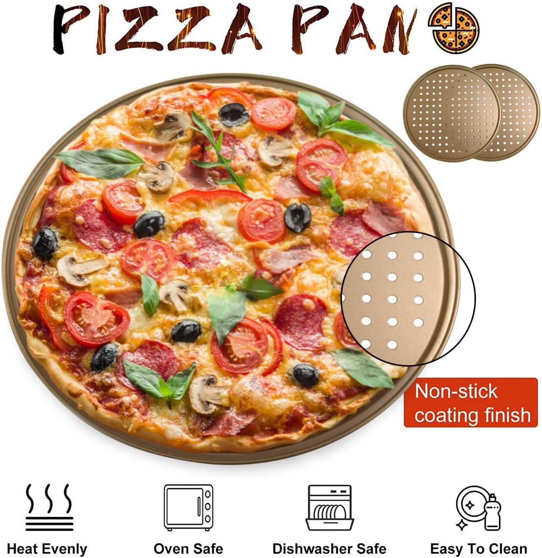 12.6 Inch Pizza Pan Set of 2, Non-Stick Carbon Steel Pizza Crisper Tray